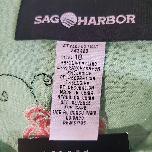 Vtg Sag Harbor Embroidered Flower Linen Blend Top Pant Set Plus Size 18 Green - Picture 7 of 13